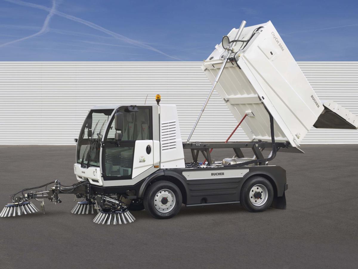 CityCat 5006 compact street sweeper hopper tilted